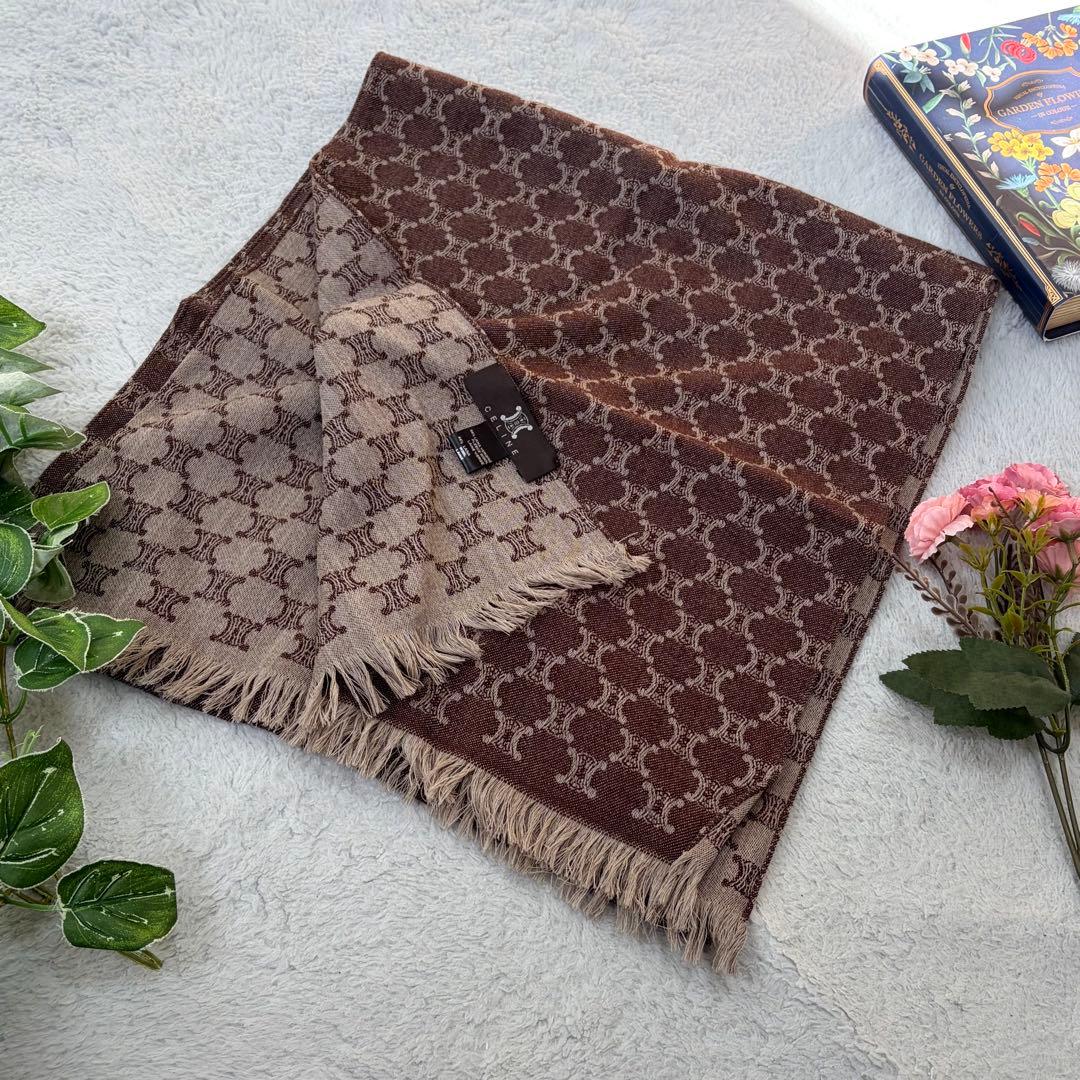 CELINEウールストール　マフラー　マカダム柄　ブラウン系