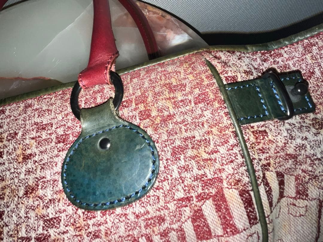 美品 PleatsPlease ジャガード織×レザートートバック イッセイミヤケ