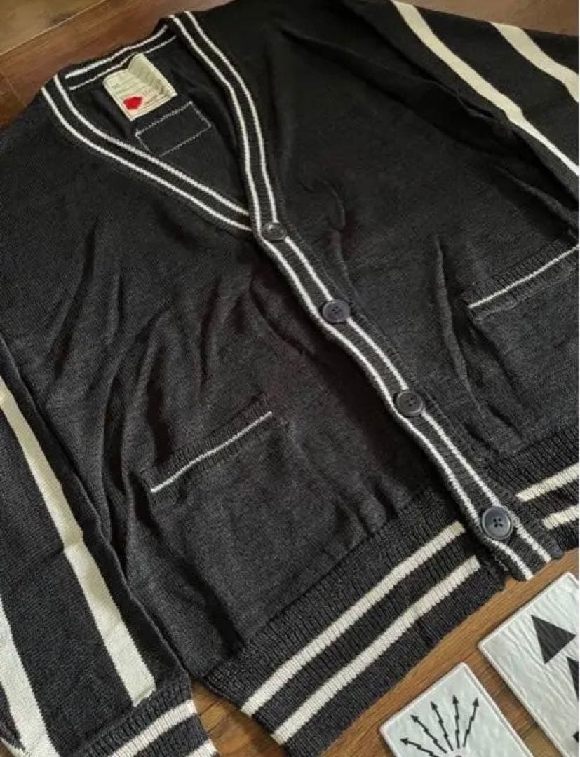 新品　未使用　セヴシグ　カーディガン　ブラック ストライプ ワッペン　自宅保管