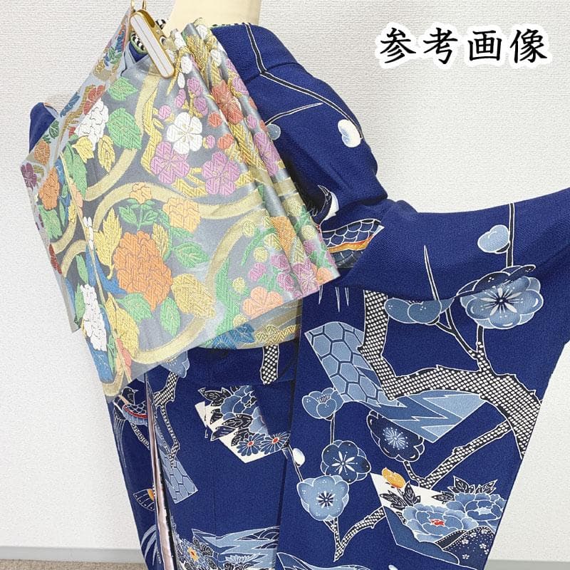 510z38☆紅型振袖 古典柄 鳳凰 荒波 梅 ちりめん 濃い青☆成人式 結婚式