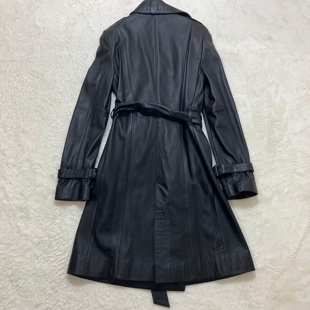 コムサデモード 羊革 ラム オールレザー ダブル トレンチコート ベルテッド 黒