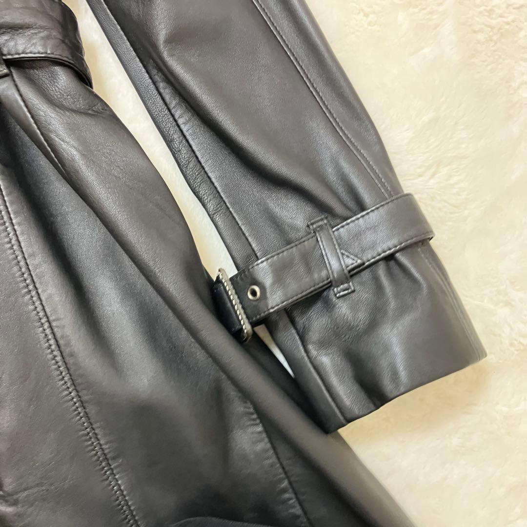 コムサデモード 羊革 ラム オールレザー ダブル トレンチコート ベルテッド 黒