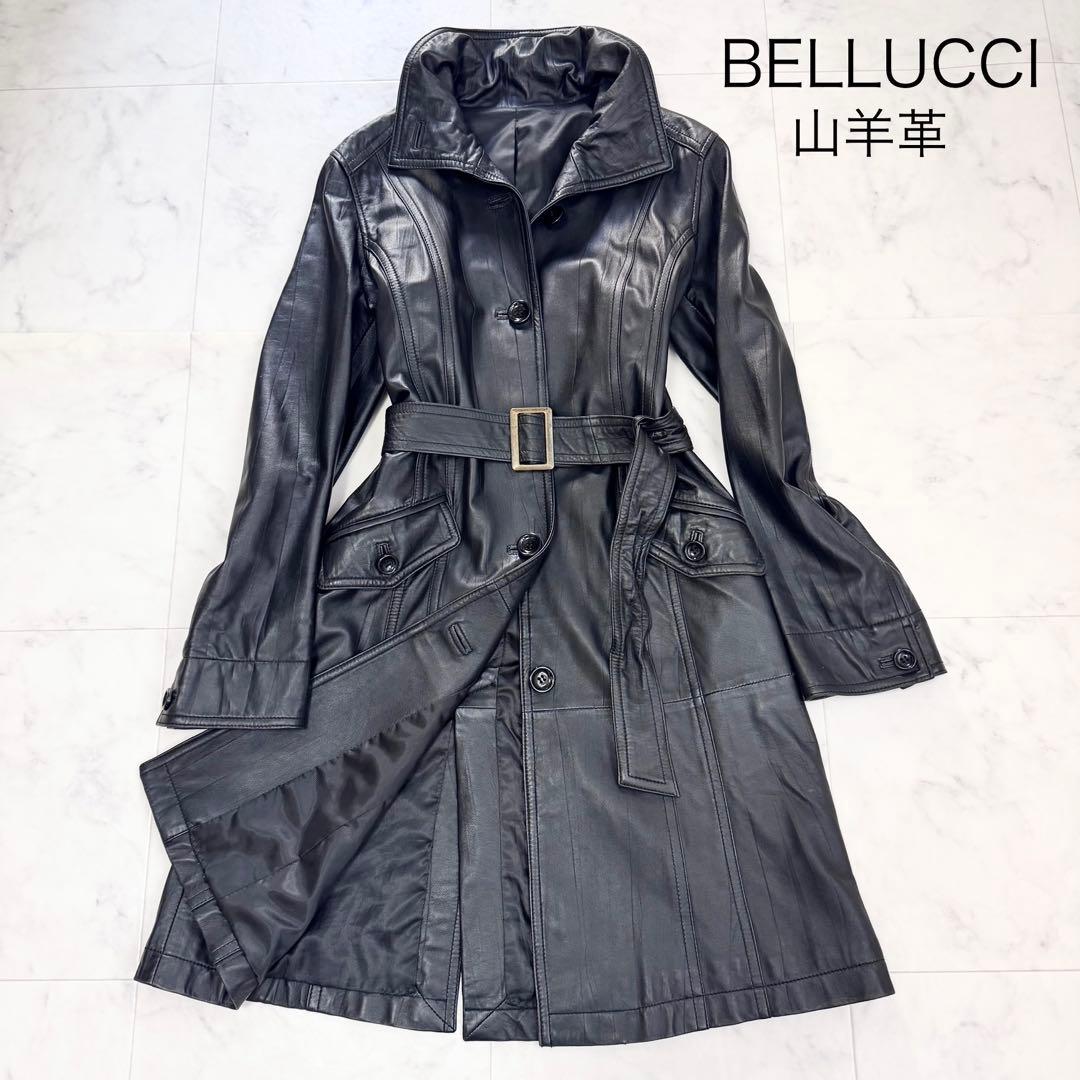 希少　BELLUCCI ゴートレザー　ステンカラーコート　M 黒　ベルト付