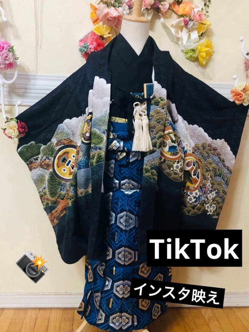 七五三五歳フルセット‼️黒地暈し⭐︎鷹凛々しい⭐︎金蘭袴煌びやか極めてる⭐︎逸品