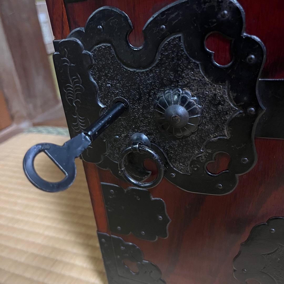 骨董 船箪笥 銭箱 引き出し 金具 鍵付 手提げ