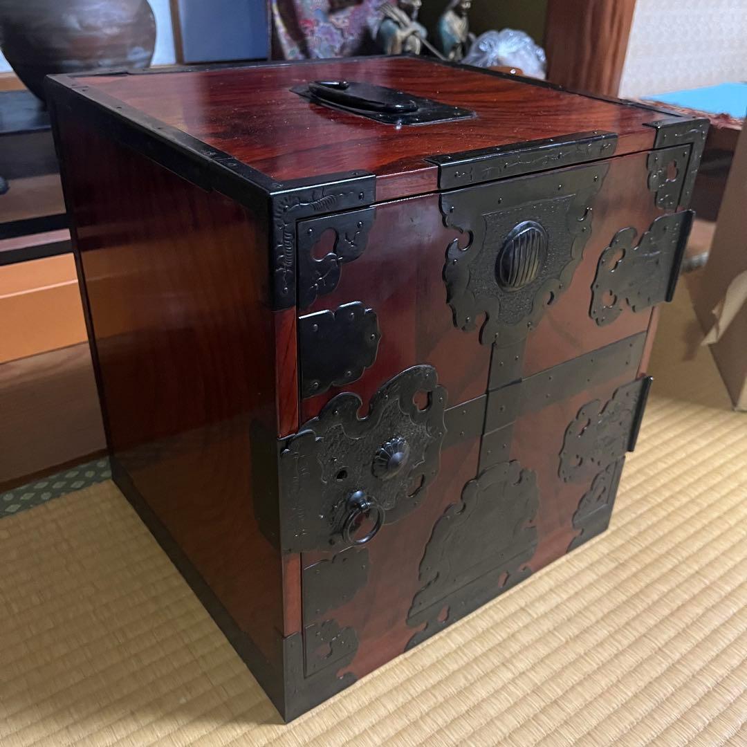 骨董 船箪笥 銭箱 引き出し 金具 鍵付 手提げ