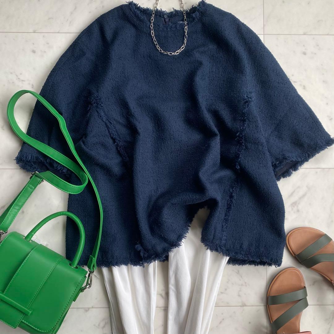 極美品 アドーア ADORE サマーツィードブラウス ネイビー 38