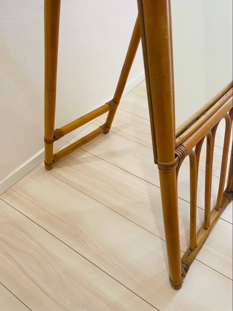 昭和レトロ エスニック ラタン スタンドミラー 立て掛け鏡 姿見 等身鏡