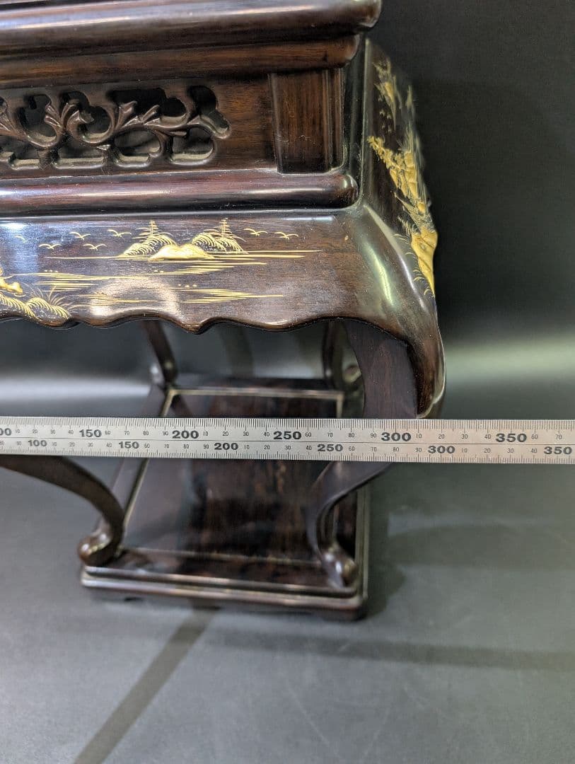 大名道具 唐木 猫脚 木製 透かし彫 花台 高卓 無垢材 黒檀　高蒔絵 螺鈿細工