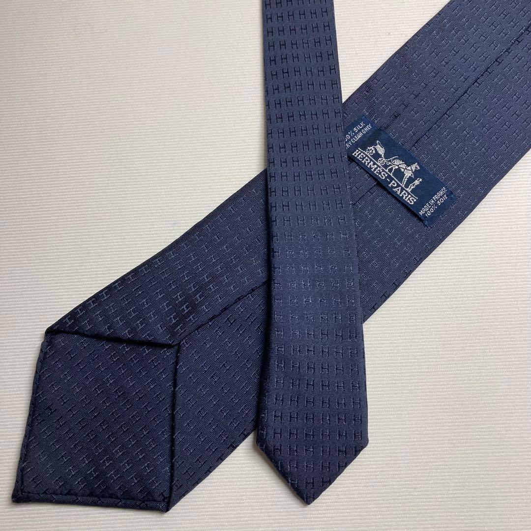 HERMES エルメス　ネクタイ　ネイビー　ファソネ　H柄　ジャガード　シルク