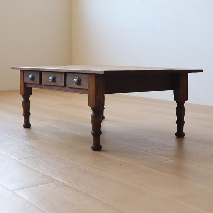 アンティーク ロクロ脚 引き出し3杯 無垢材 文机 古家具 トチ