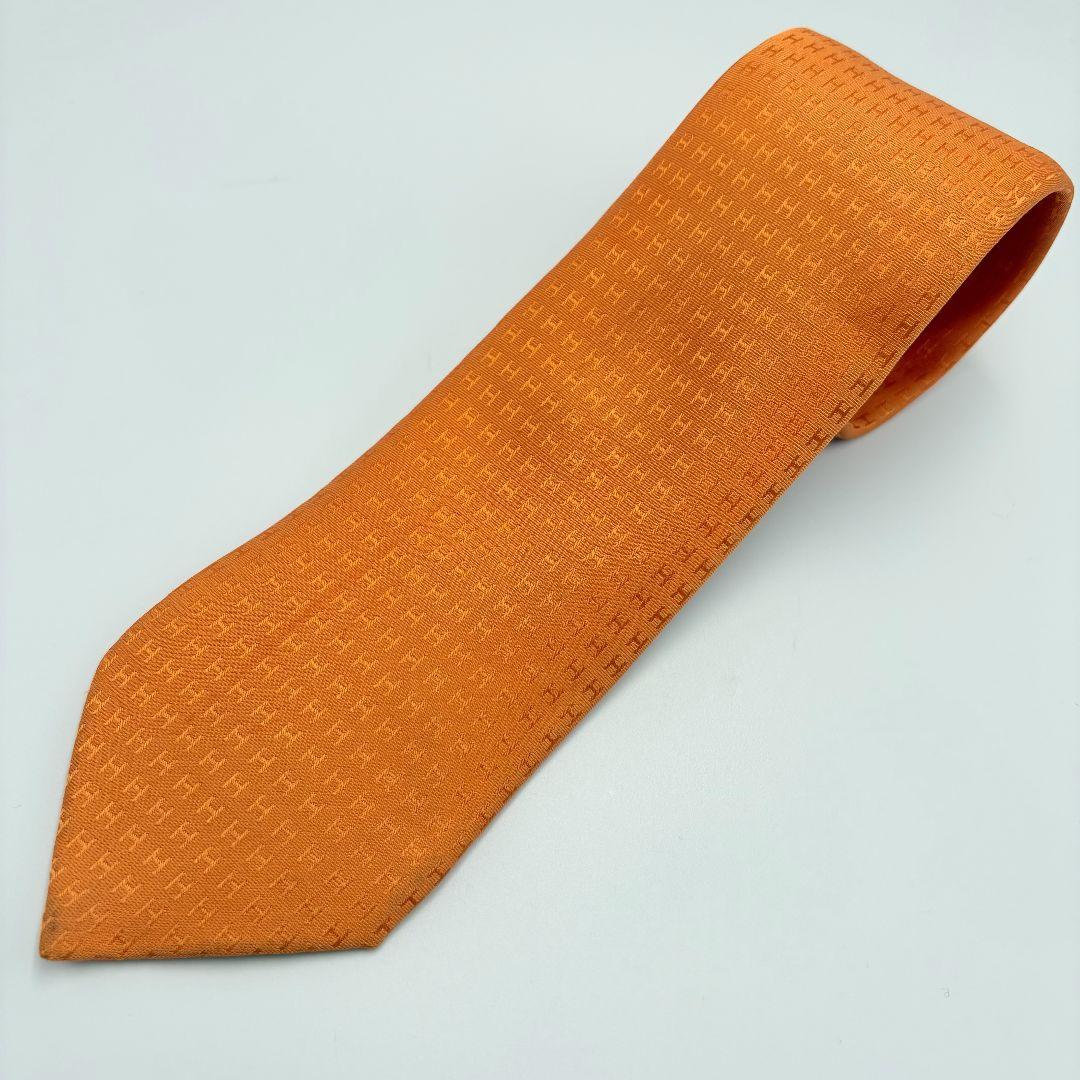 エルメス H柄 ネクタイ ファソネ エルメスカラー オレンジ シルク100%