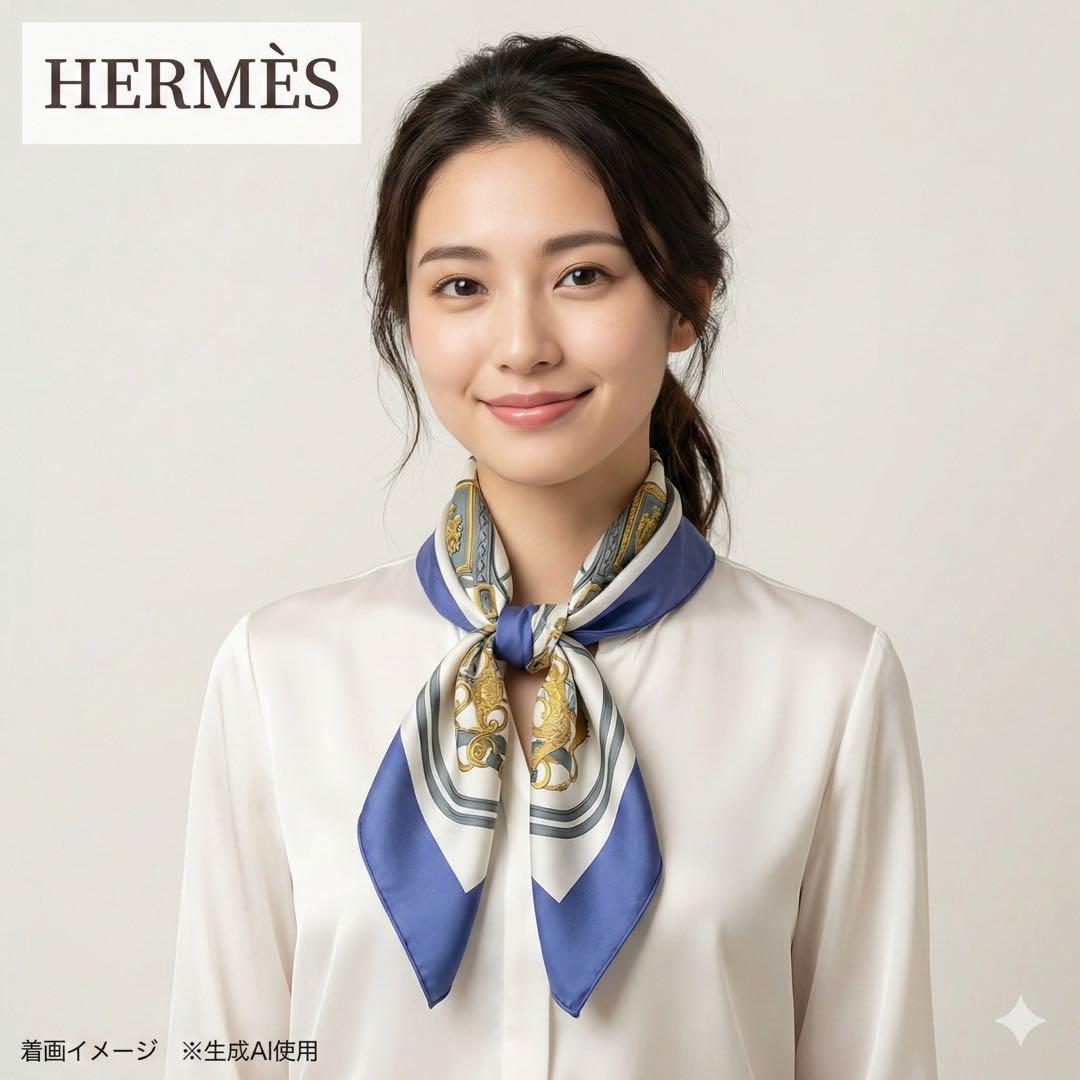エルメス カレ90 式典の馬具 スカーフ シルク ブルー ゴールド