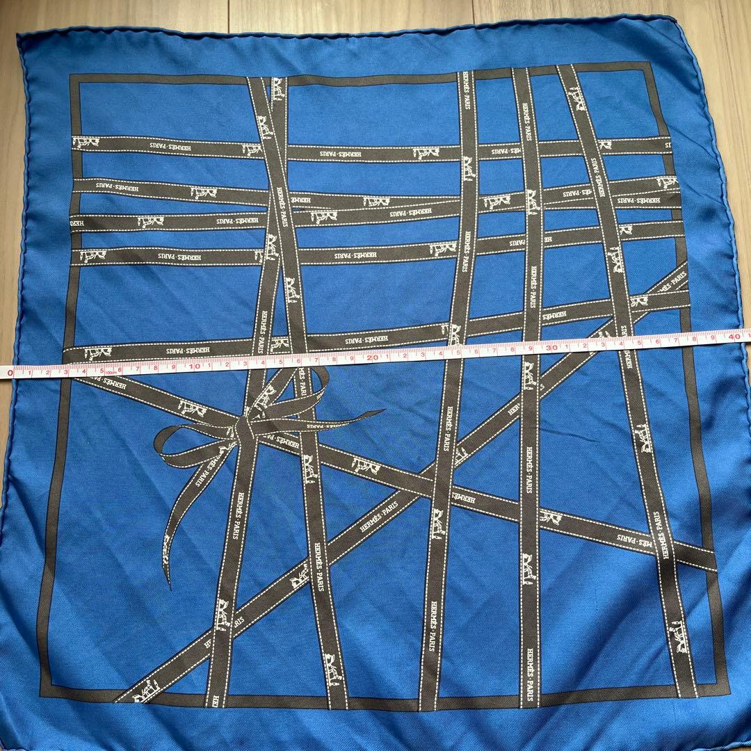 R*読様 ✨エルメス✨シルク100% スカーフ青 リボンデザイン