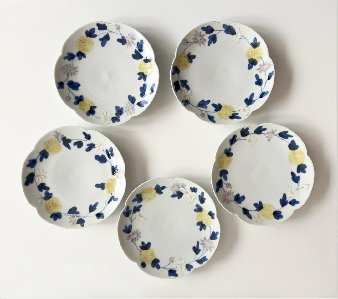 九谷焼 宮腰綾 菊唐草 花型5寸皿 ５枚