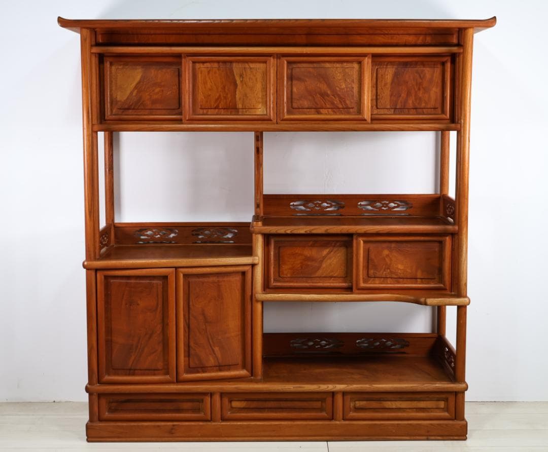 特注品　総無垢欅製　茶棚　茶箪笥　飾り棚　茶道具　煎茶道具 BJ221