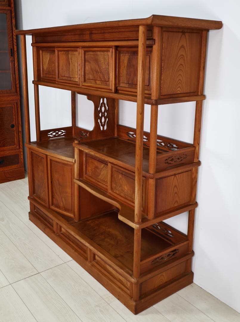 特注品　総無垢欅製　茶棚　茶箪笥　飾り棚　茶道具　煎茶道具 BJ221