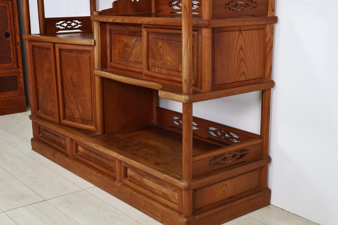 特注品　総無垢欅製　茶棚　茶箪笥　飾り棚　茶道具　煎茶道具 BJ221