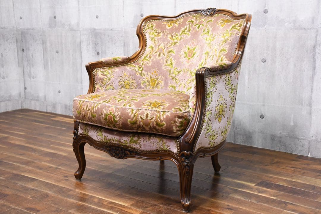 EIK68 カリモク 金華山張り 1人掛けソファ 猫脚 ロココ様式 シングル