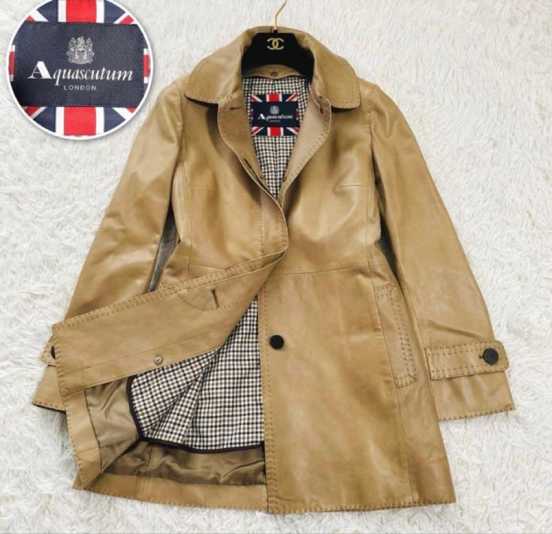 大きめサイズ✨アクアスキュータム ラムレザーコート　 ライナー付　チェック柄