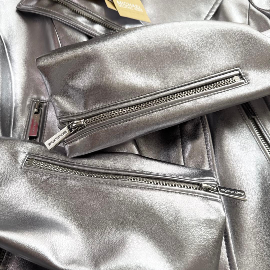 新品 マイケルコース ライダース ジャケット シルバー XS S レザー コート