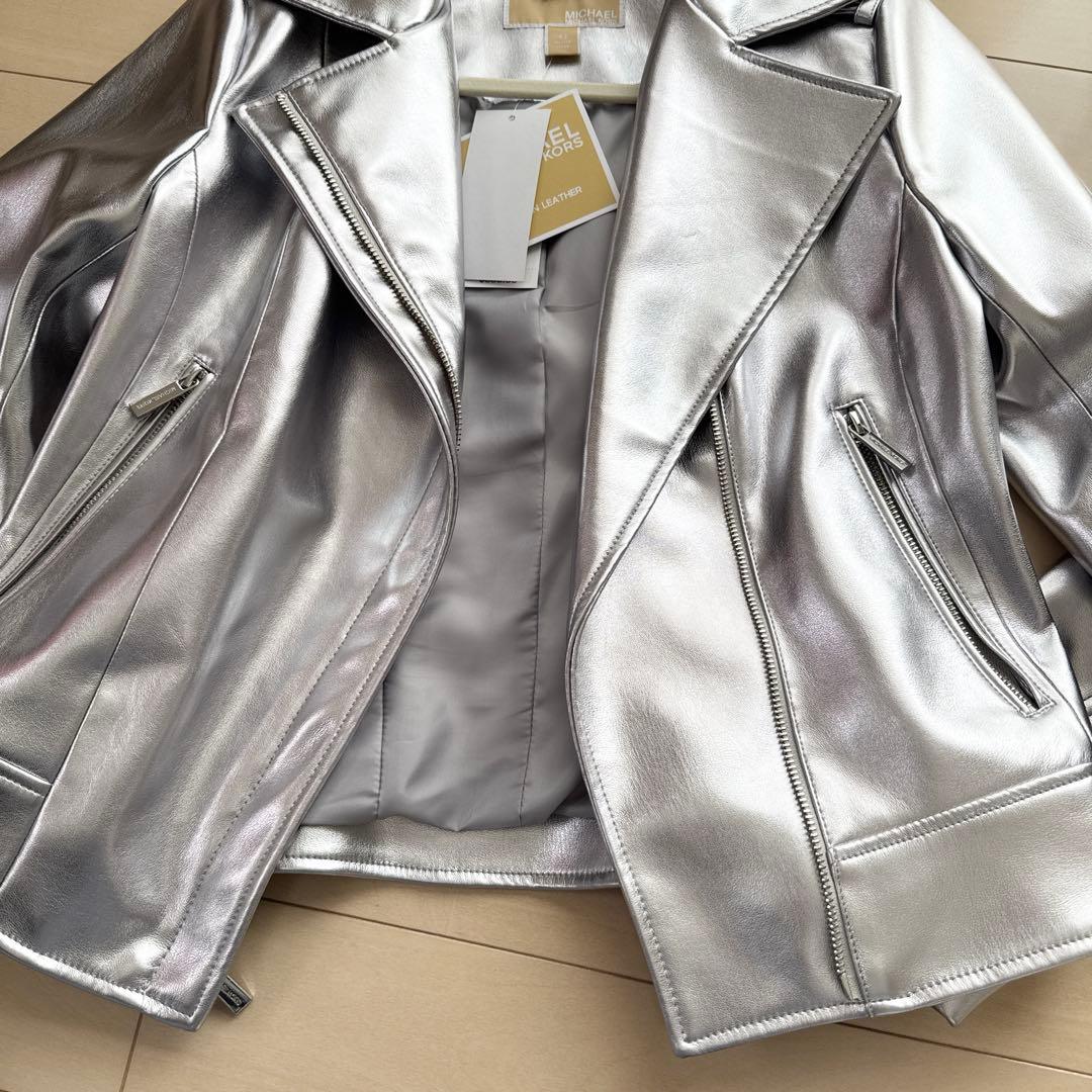 新品 マイケルコース ライダース ジャケット シルバー XS S レザー コート
