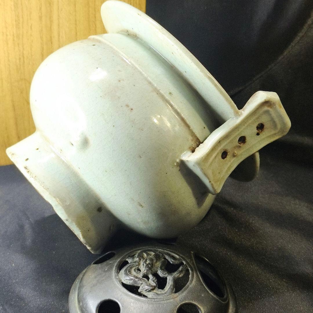 李朝骨董 古銅蓋青磁香炉 貫入入り 朝鮮王朝 古美術品 桐箱 コレクター放出美品