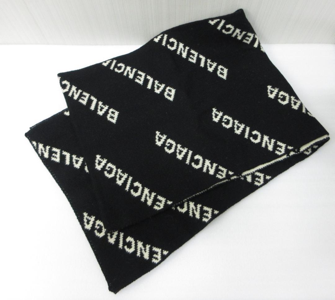 バレンシアガ マフラー ウール 黒 ロゴ 総柄 メンズ 約40×240cm a