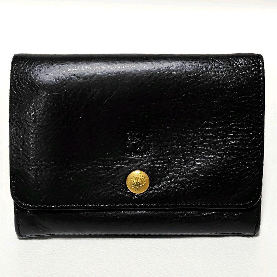 イルビゾンテ　折り財布　黒　レザー　ロゴ型押し　金ボタン