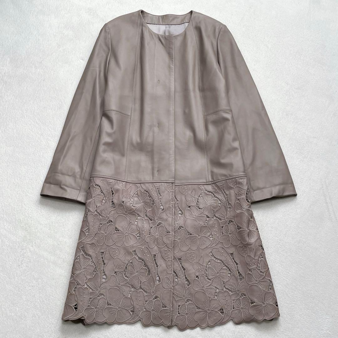 ノーカラーラムレザーコート LL 花柄刺繍 スカラップ 大きいサイズ 比翼ボタン