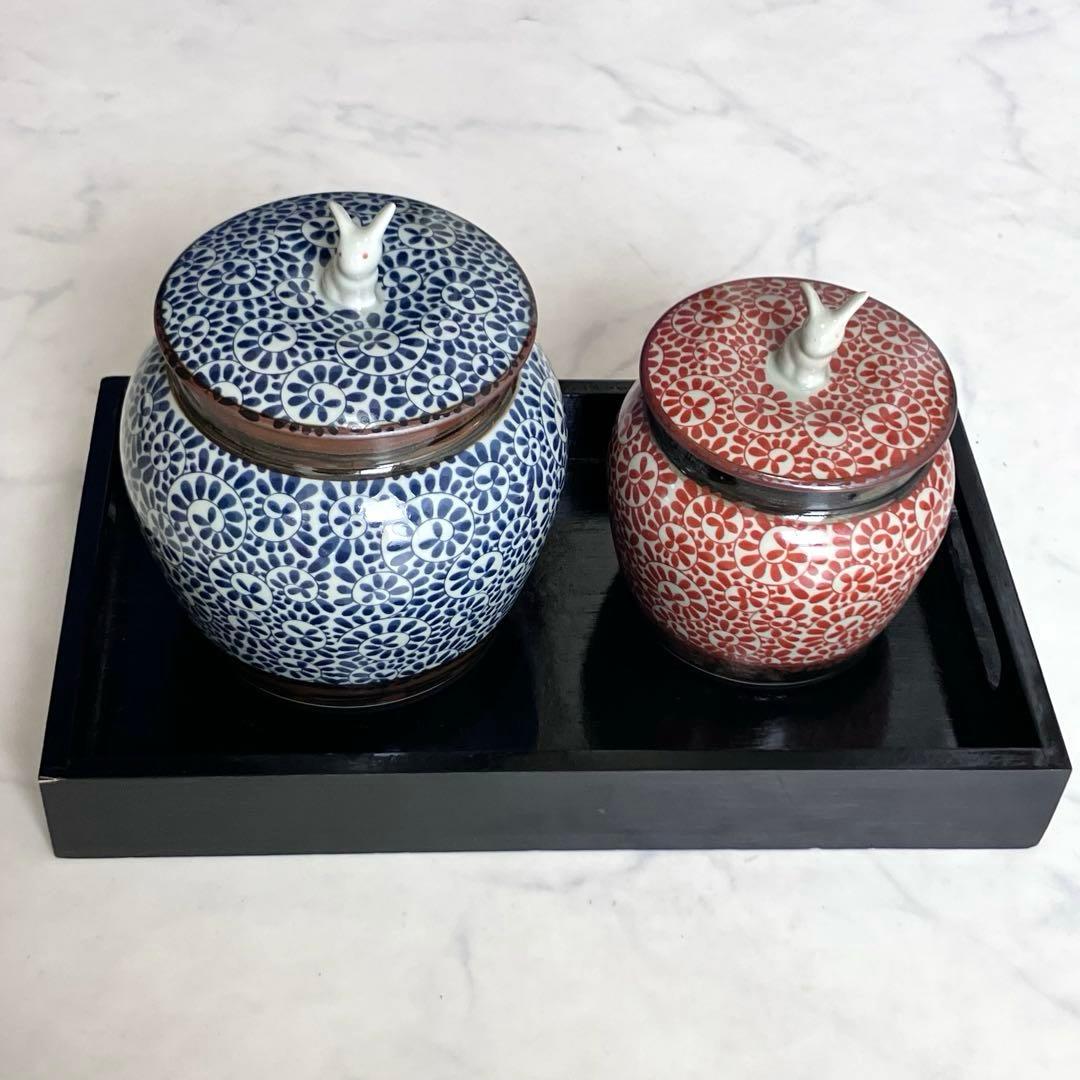 美品♡有田焼♡かわいいうさぎの蓋付き壺♡おぼんセット清秀♡小壺♡茶壺・茶器・陶器