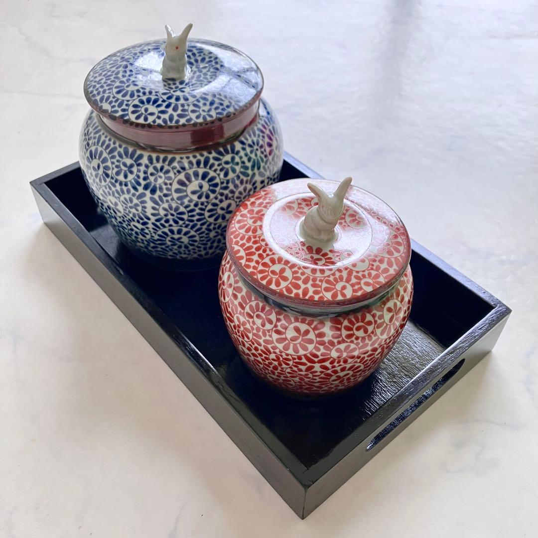 美品♡有田焼♡かわいいうさぎの蓋付き壺♡おぼんセット清秀♡小壺♡茶壺・茶器・陶器