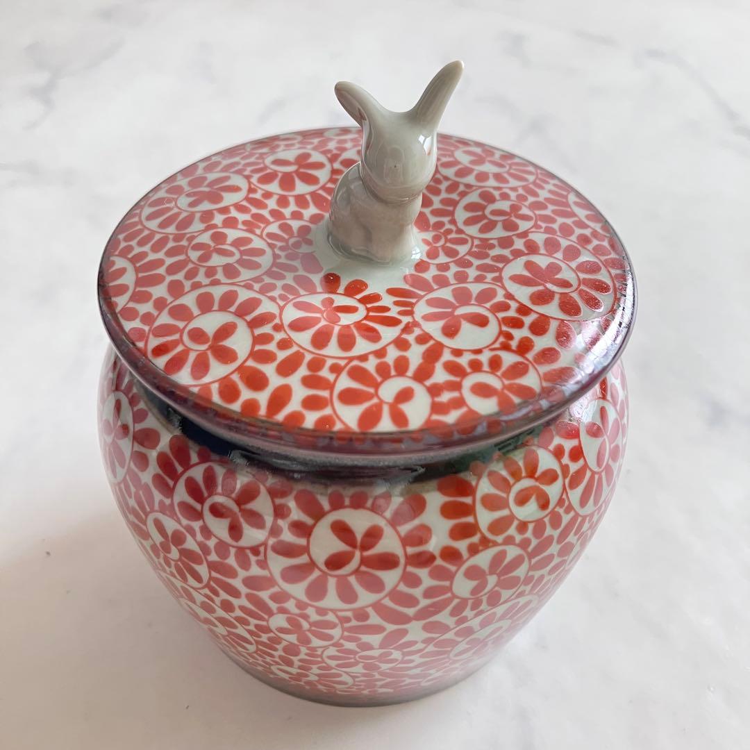 美品♡有田焼♡かわいいうさぎの蓋付き壺♡おぼんセット清秀♡小壺♡茶壺・茶器・陶器