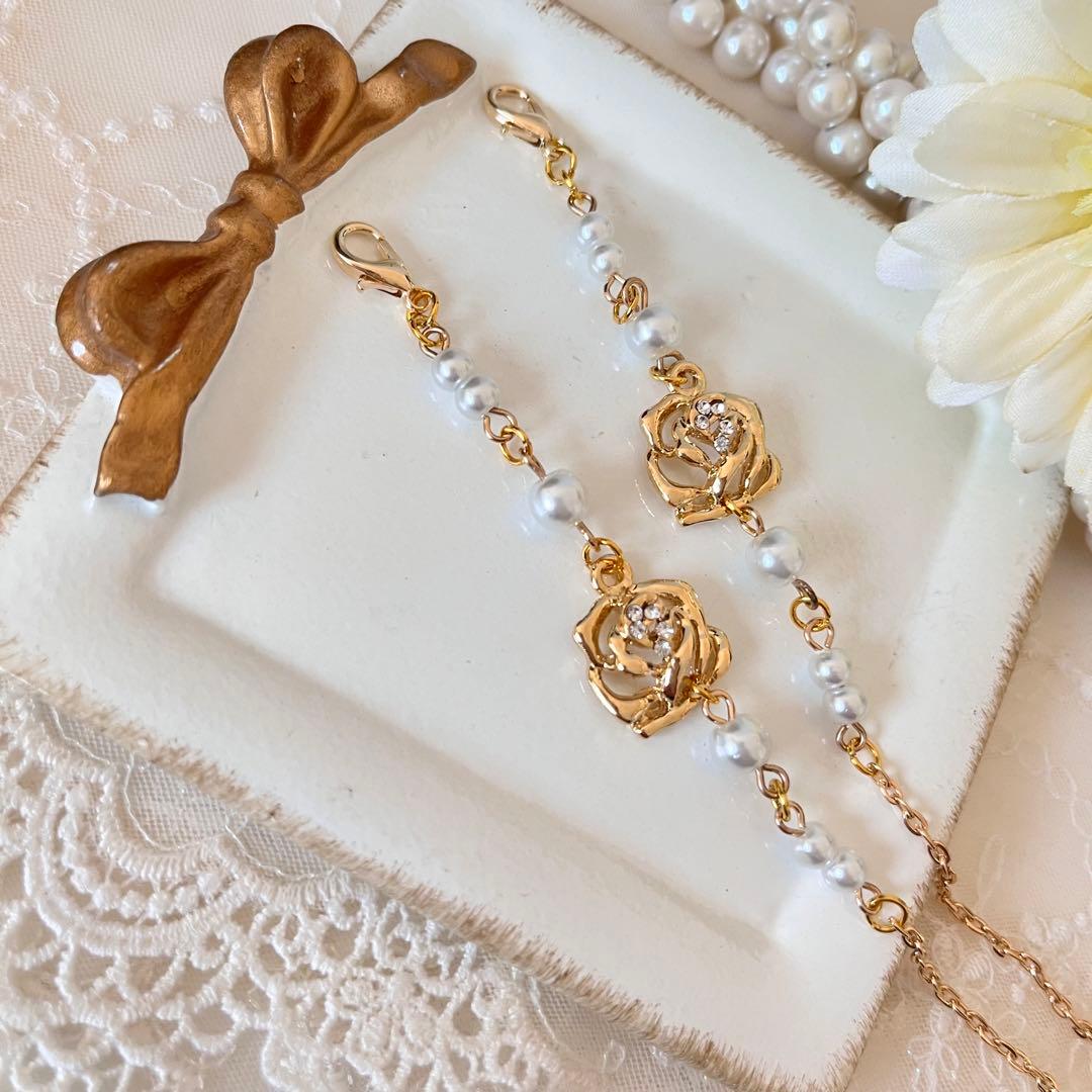 ♪❤️再販　 薔薇　ビジュー　パール　メガネチェーン　マスクチェーン