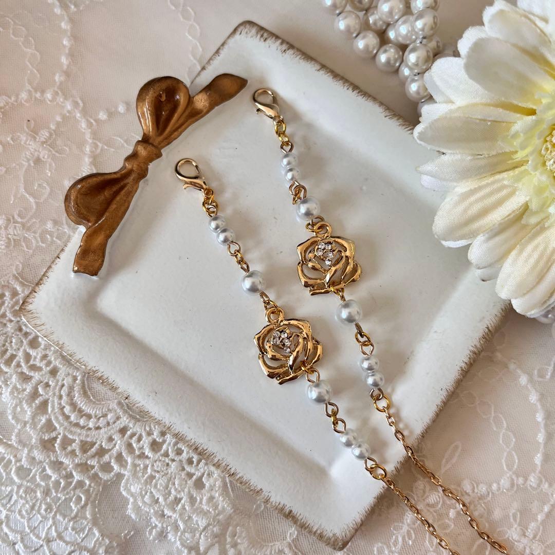 ♪❤️再販　 薔薇　ビジュー　パール　メガネチェーン　マスクチェーン