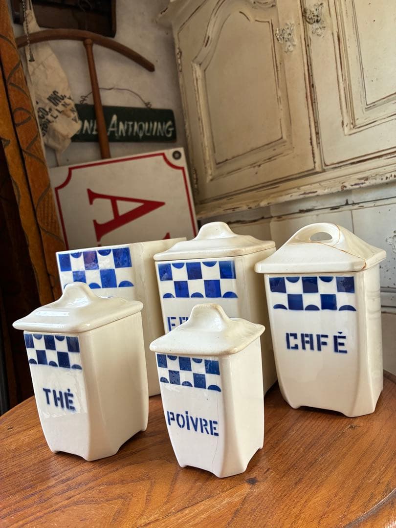 FJアンティーク 陶器　キャニスター　ブルー　市松　バドンヴィレー　レア