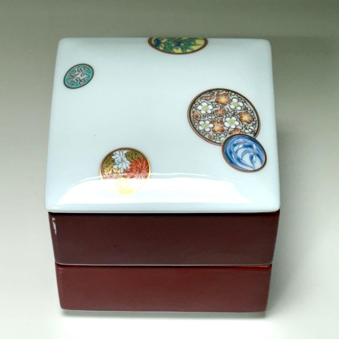 深川製磁　寿赤絵 角小二段重　宮内庁御用達　美品