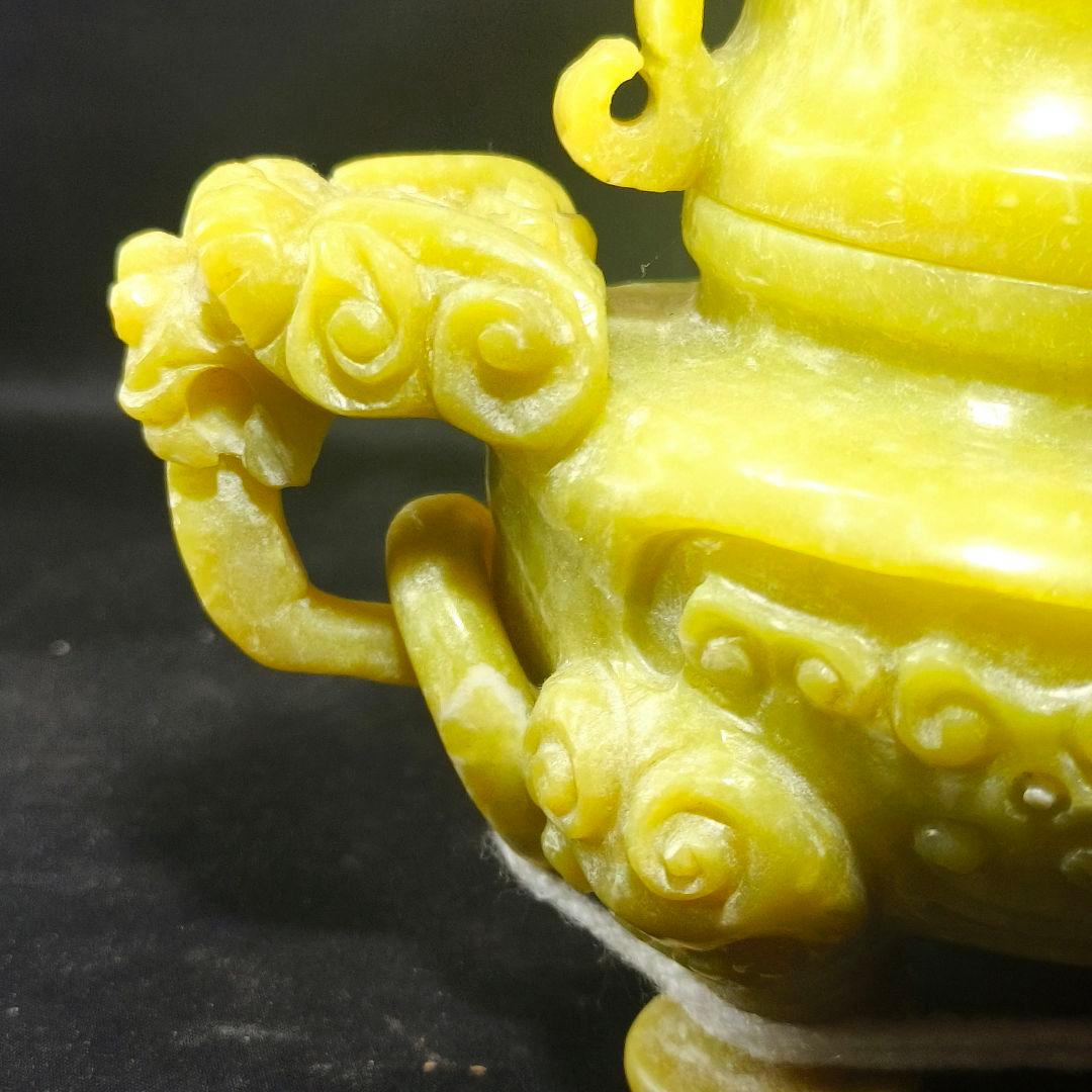 中国骨董 獅子摘み岫玉香炉 翡翠 天然石 手彫り置物 開運風水グッズ 香具古美術