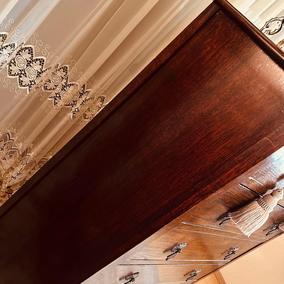 イギリスアンティーク　オーク材　ハイチェスト　6段キャビネット　英国家具