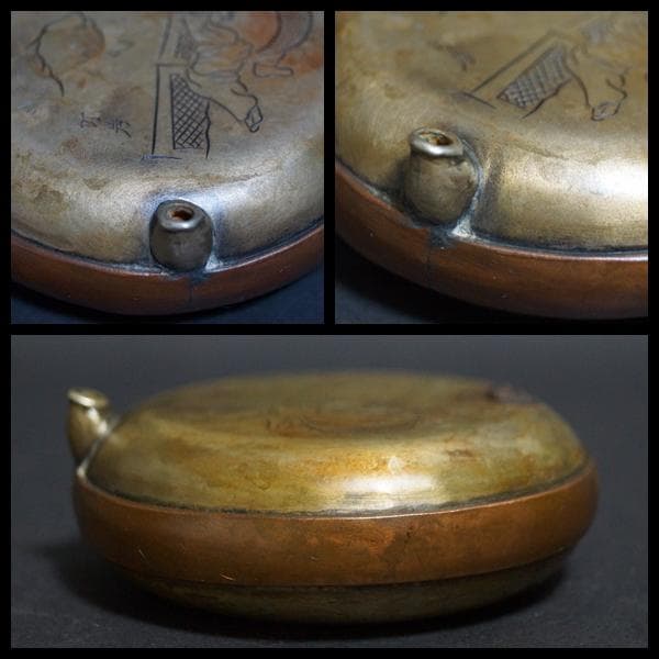 清 古銅製 栄寶款竹岩刻『人物風景図』金工細工水滴 水注 書道具 古董 文法四宝