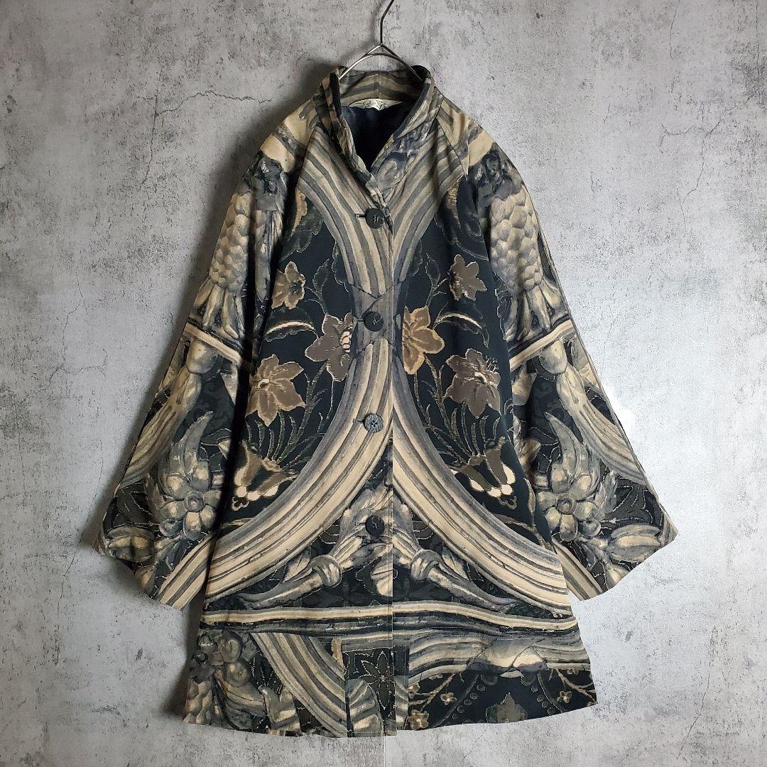 【ヴィンテージ】古着 スタンドカラーコート 総柄 花柄 黒 グレー レトロ
