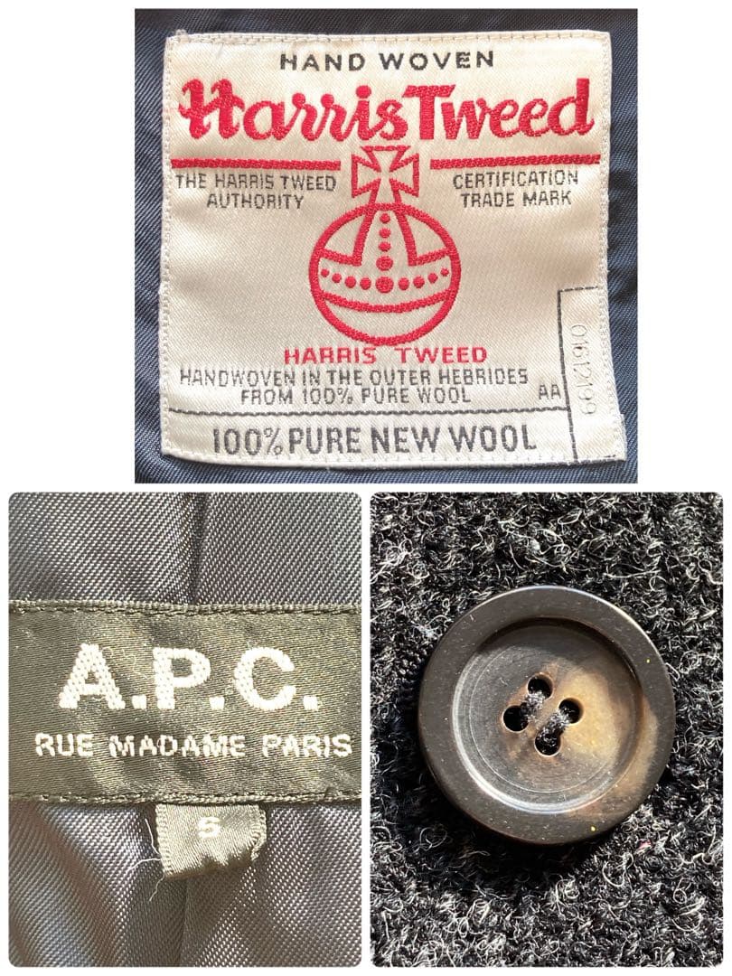 じゃんA.P.C ハリスツイード　ツイード・チェスターコート　グレー　S