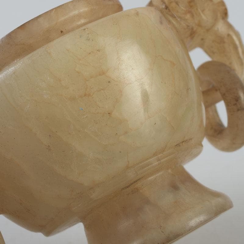 中国　玉石彫刻　獅子摘　双耳遊環　飾壷　香炉　唐木台付　N　8606