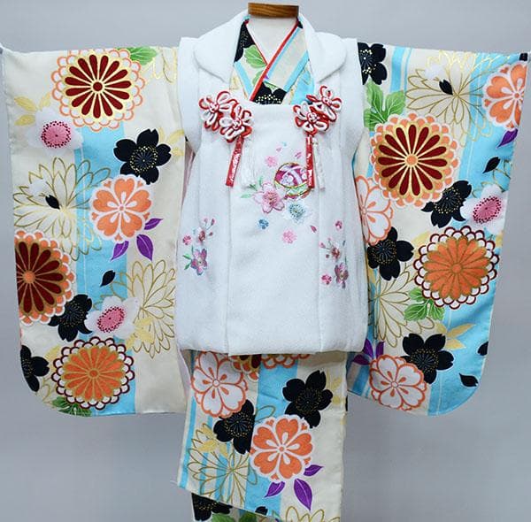 七五三 三歳 女児 被布着物フルセット 水色×白 お仕立て無料 NO34386