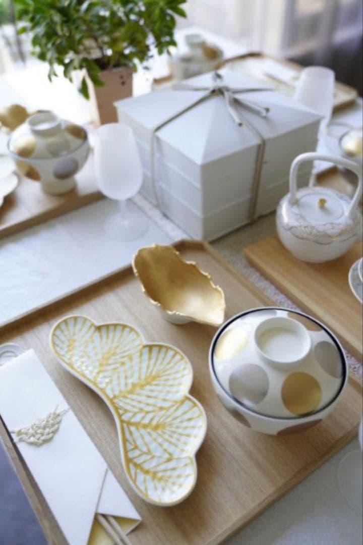 なんなんご依頼品　幸楽窯　錦金松葉形前菜皿　茶緑金　白金　赤金　6点セット