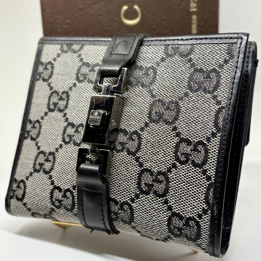 美品 GUCCI GGキャンバス ジャッキー 二つ折り財布 ブラック