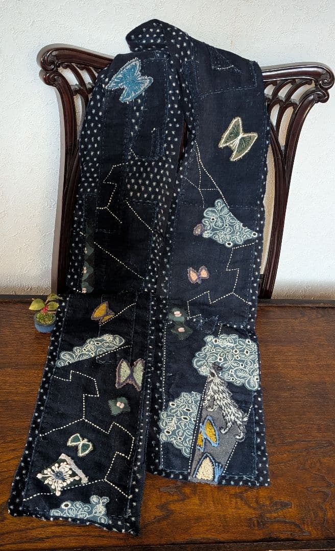 時々lucky♪《刺し子とWolf＆flower》古布藍染　ミナ　長ショール