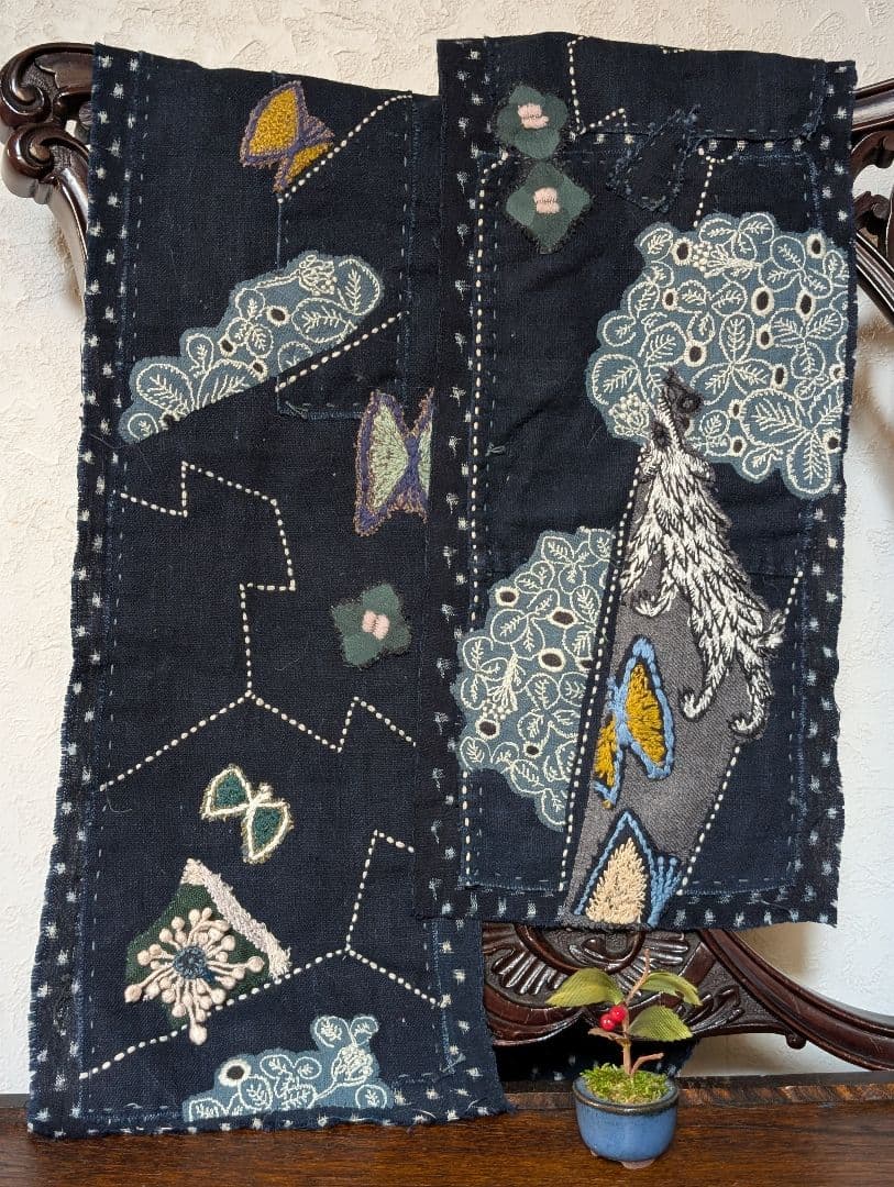 時々lucky♪《刺し子とWolf＆flower》古布藍染　ミナ　長ショール