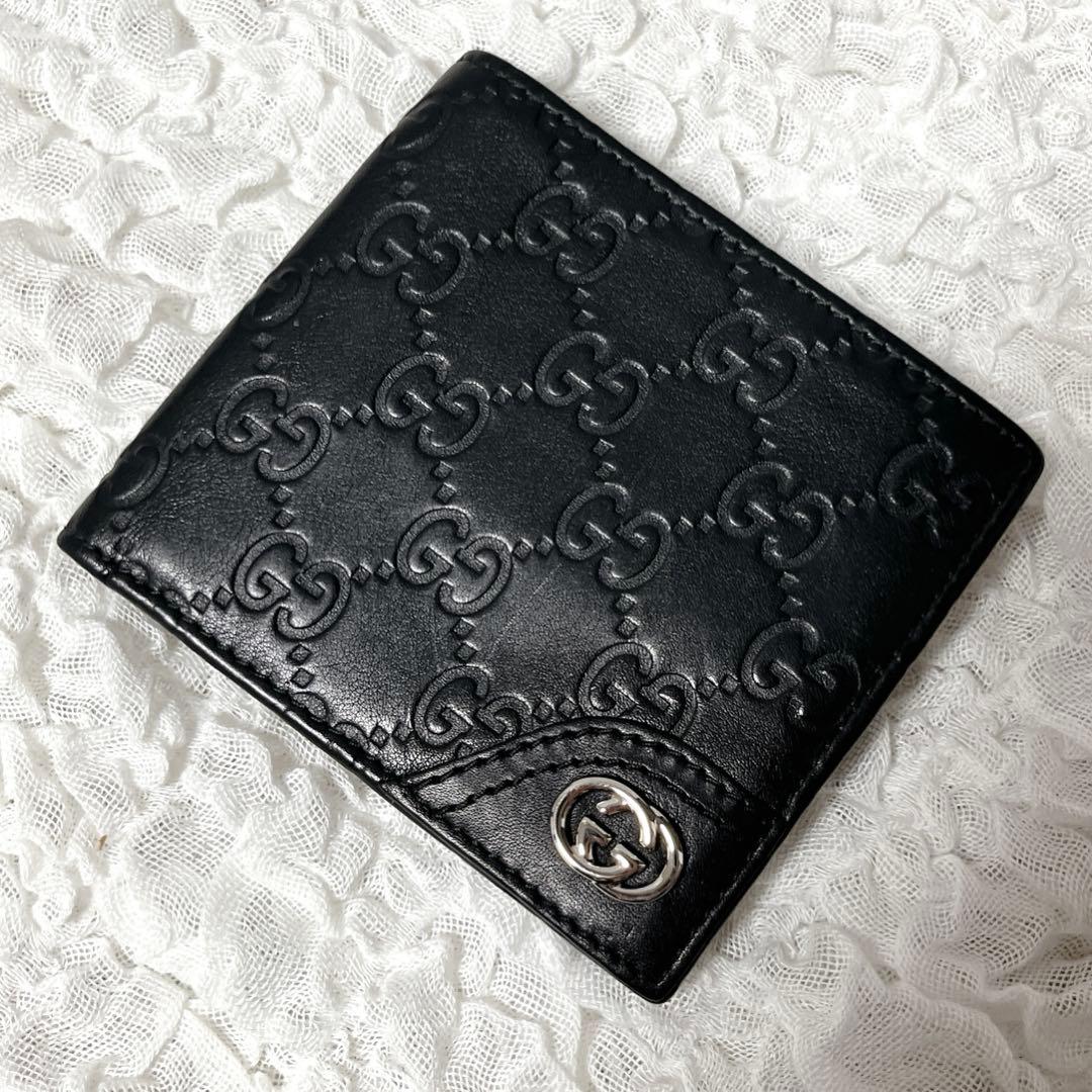 極美品✨GUCCI ブラックレザー 二つ折り財布　グッチ　シマ　GG ウォレット