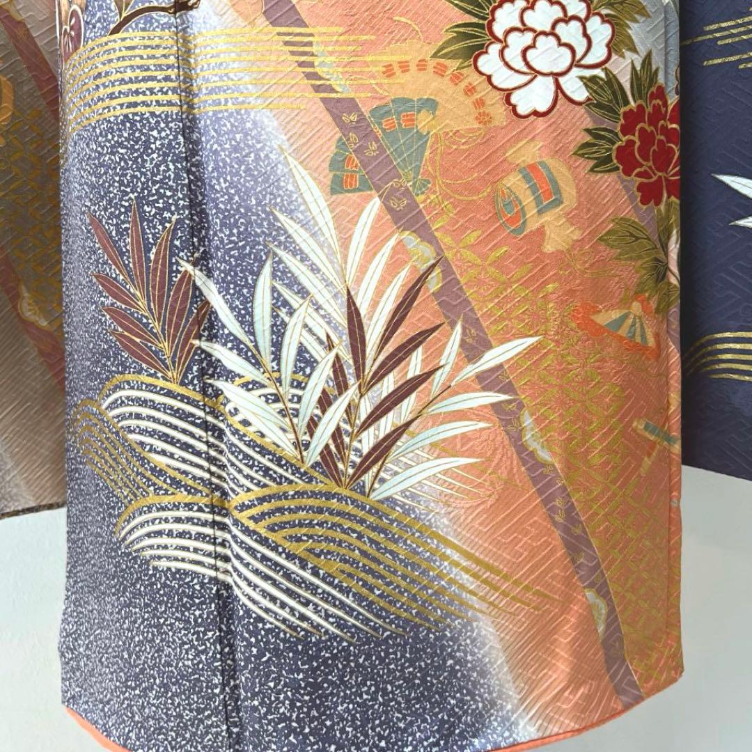 346 振袖フルセット 正絹 サーモンピンク くすみ グレー 金彩 暈し染め 桃